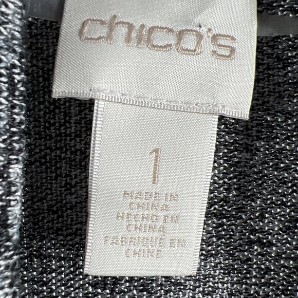 Chicos Women's Sweater Open Cardigan Long Medium Black Gray Lightweight Knit 3/4 - Picture 2 of 7
